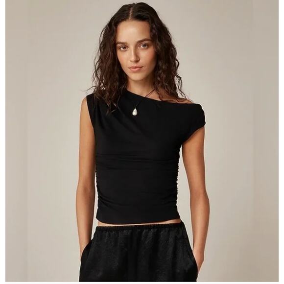 J Crew Stretch Cotton Blend Off Shoulder Top XS Black NWT CN171 J.Crew Shirt - Picture 2 of 5